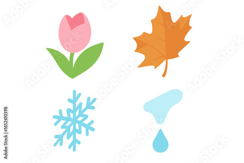 Four seasons icon set with spring flower, autumn leaf, winter snowflake, and melting ice. Vector illustration of weather symbols for yearly cycle and climate concepts.