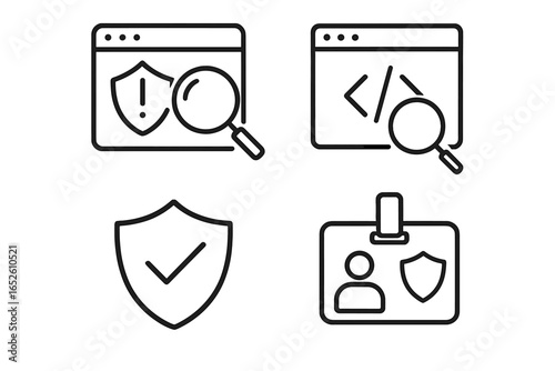 Security outline icon set. Cybersecurity concepts including vulnerability scanning, code analysis, compliance checkmark, and identity verification badge. Vector icons.