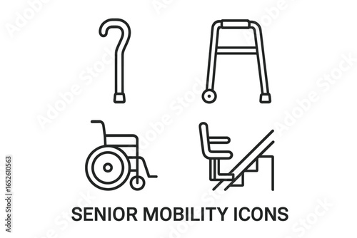 Senior mobility assistance icon set. Outline vector symbols of a walking cane, walker, wheelchair, and stairlift. Equipment for elderly care, accessibility, and disability.