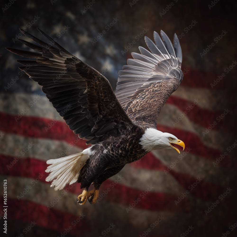 Fototapeta premium A bald eagle is flying over an American flag