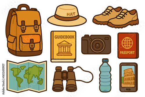 Travel and tourism vector icon set. Collection of vacation essentials. Backpack, passport, map, camera, guidebook for adventure, hiking, journey, and historical exploration.
