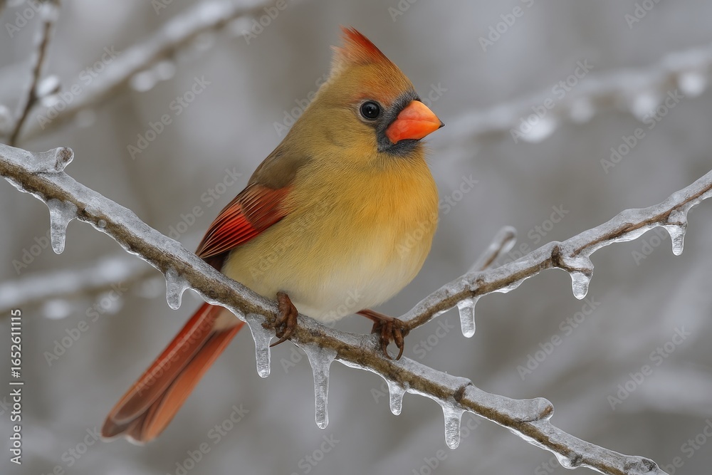 Fototapeta premium Bird perched on icy branch featuring a female Northern Cardinal