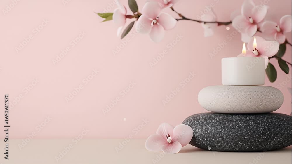 Pink orchid flower with spa candle and zen stones for relaxation, white candles on stacked stones, flower decor Pink orchid flower with spa candle and zen stones for relaxation, white candles on stacked stones, flower decor