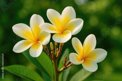 Selective focus on vibrant Plumeria blossoms in a sunny garden setting