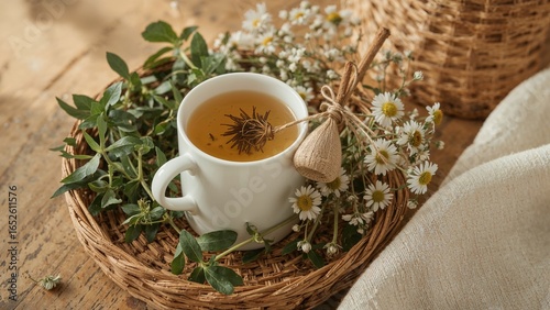 Array of herbal tea cups accompanied by fresh herbs