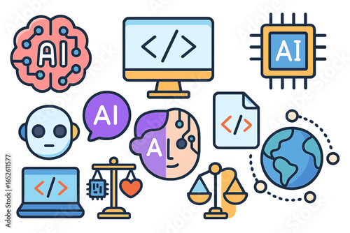 AI icon set. Artificial intelligence, machine learning, coding and robotics concepts. Ethics and technology balance. Global network, data science innovation. Vector illustration.
