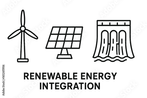 Renewable energy integration icon set. Wind turbine, solar panel, and hydroelectric dam outline icons. Green power concept for sustainable technology. Vector illustration.