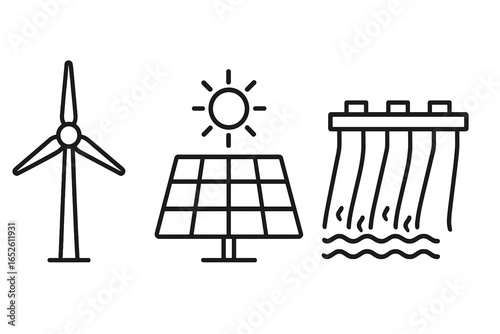 Renewable energy icons set with wind turbine, solar panel, and hydroelectric dam. Sustainable power generation symbols. Eco-friendly electricity sources vector line art.