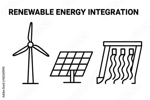 Renewable energy icons. Outline icon set for renewable energy integration with wind turbine, solar panel array, and hydroelectric dam. Vector illustration for ecology.