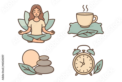 Calming wellness icons set featuring meditation, mindfulness, relaxation, hot tea, time management, zen stones, and peaceful lifestyle. Soothing vector cartoon illustration on transparent background.