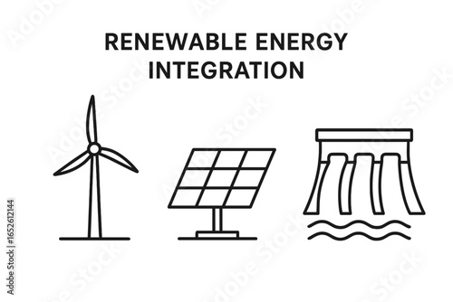 Renewable energy integration outline icon set. Vector illustration of wind turbine, solar panel, and hydroelectric dam. Green energy sources concept for ecology and sustainability.