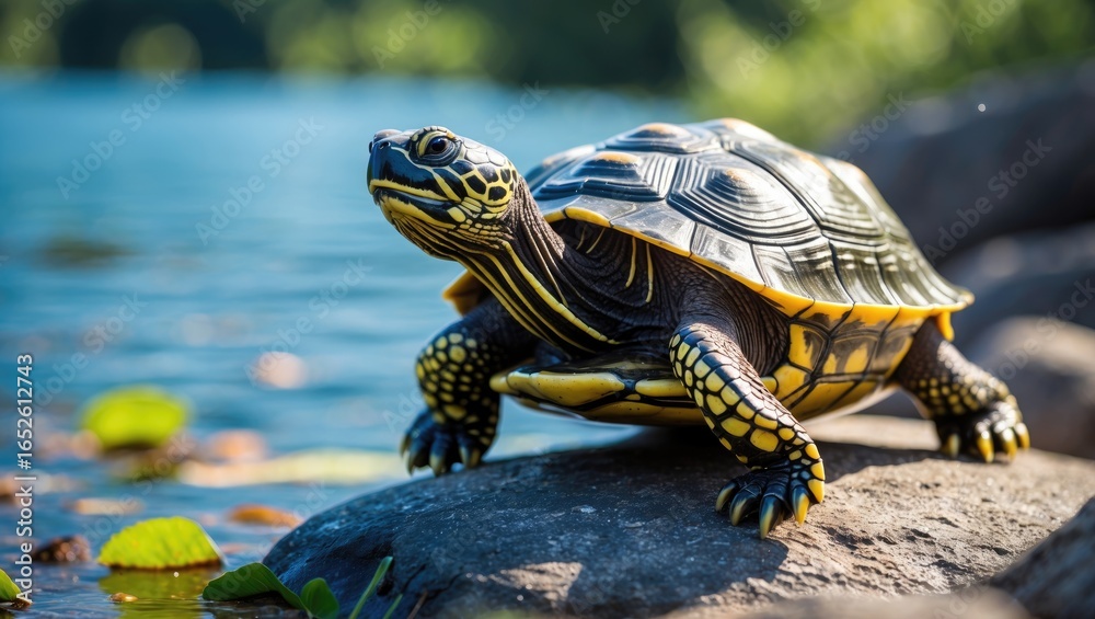 Obraz premium Close-up shot of a stunning turtle perched on a rocky surface