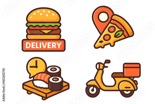 Food delivery icon set with burger, pizza, sushi and scooter. Vector flat cartoon symbols for online ordering service, restaurant menu, mobile app, and fast food courier.