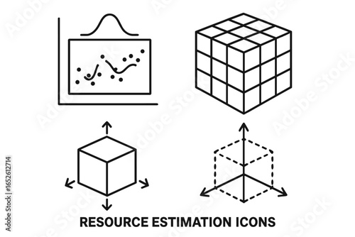 Geostatistics and resource estimation outline icon set. Vector symbols for mining, geology, and data modeling. Includes 3D block model, variogram chart, and spatial data icons.
