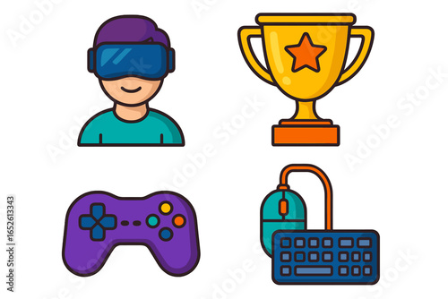 Colorful game icons set. Virtual reality headset, gamer avatar, trophy award, gamepad controller, keyboard, and mouse. Esports and cyber sport competition symbols. Vector pack.