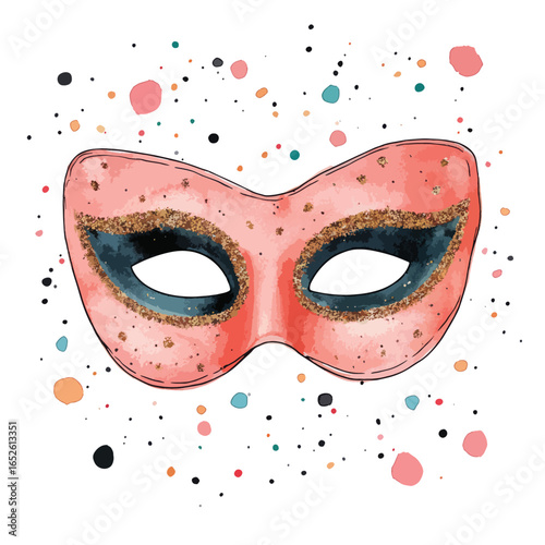 Pink Venetian Mask with Gold Glitter Accents and Teal Details