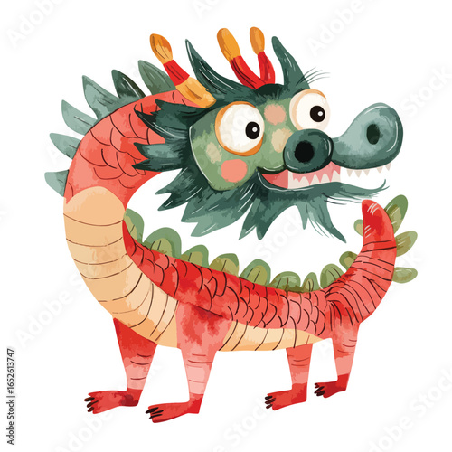 Playful Watercolor Dragon with Red Scales and Green Mane