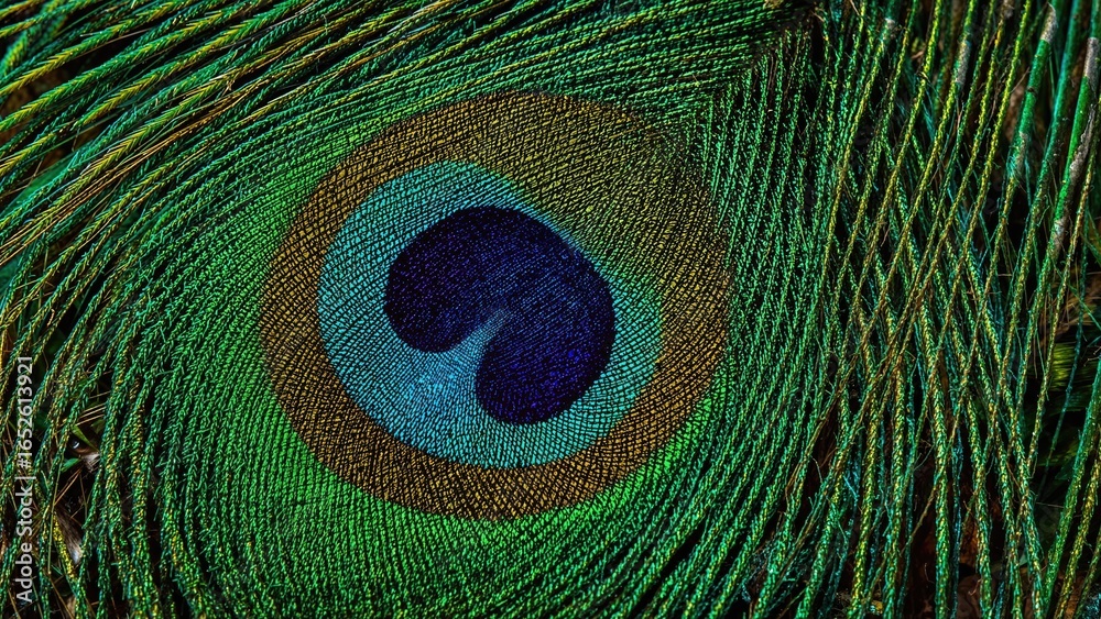 Obraz premium Intense focus on the intricate design of a bright peacock feather