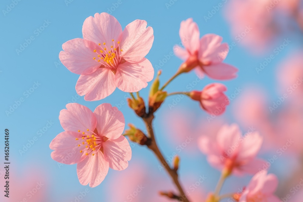Fototapeta premium Close-up of delicate pink blossoms from a flowering tree on a blue background in springtime