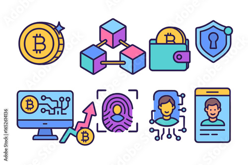 Blockchain and cryptocurrency technology vector icon set. Includes Bitcoin, digital wallet, security shield, fintech growth chart, and biometric digital identity verification icons.