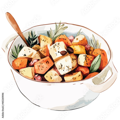 Roasted Root Vegetables with Herbs in a Ceramic Bowl with Spoon