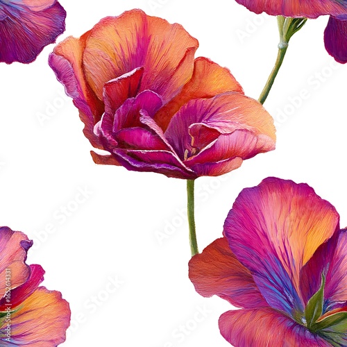 Floral watercolor pattern with vibrant pink and orange flowers isolated on white background