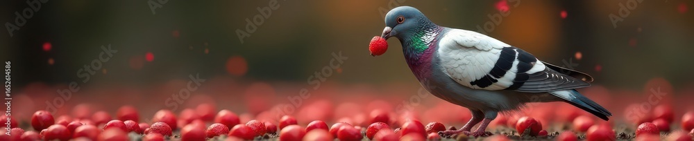 Fototapeta premium Pigeon consuming red Chinese pistache berries, close-up , Chinese pistache, red
