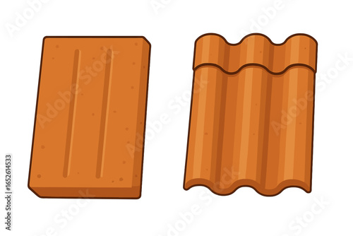Comparison of two types of terracotta roof tiles. Vector illustration set of a flat shingle and a classic wavy Spanish tile. Clay building material for roofing and construction.