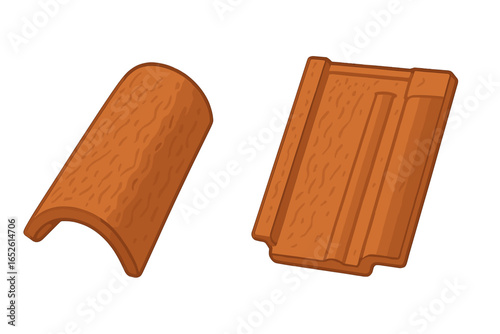 Set of two classic terracotta roof tiles, isolated vector illustration. Comparison of curved Spanish Mission style and modern flat interlocking tile for roofing construction.