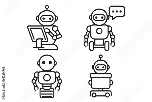 Robot Icons Grid, Outline Vector Set of Service and Companion Robots with Touchscreen Panels, Speech Bubbles, Wheelbases, and Delivery Robots, Transparent Background