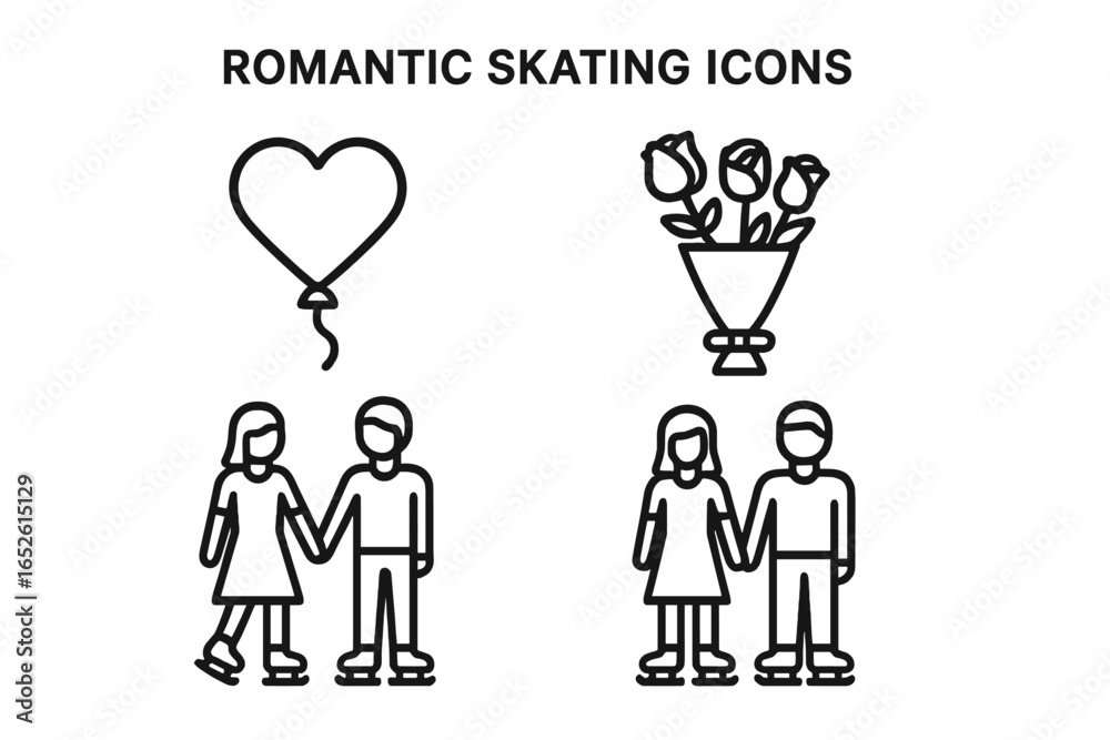 Romantic Skating Icons Vector Set, Outline Pair on Ice Skating Date with Heart-Shaped Balloon and Rose Bouquet, Couple Holding Hands, Love and Winter Sports Illustration Romantic Skating Icons Vector Set, Outline Pair on Ice Skating Date with Heart-Shaped Balloon and Rose Bouquet, Couple Holding Hands, Love and Winter Sports Illustration