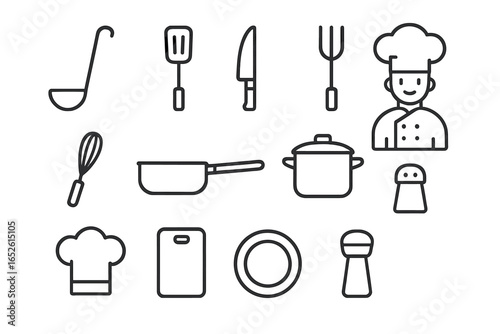 Cooking and kitchen linear icon set. Chef, utensils, equipment pictograms. Vector outline symbols for restaurant menu, food blog, recipe app and culinary school concept.