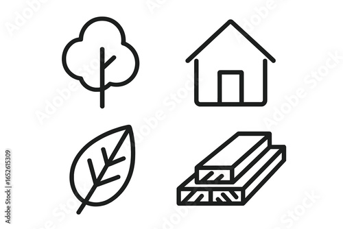 Sustainable construction icon set with minimalist line art. Symbols for green building, natural materials, housing, and forestry. Vector icons of tree, house, leaf, and lumber.