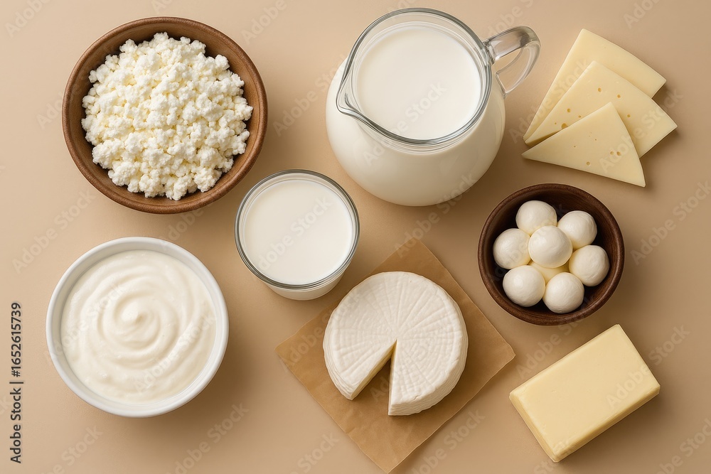 Fototapeta premium Variety of dairy products arranged overhead on a plain beige background