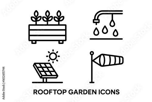 Rooftop Garden Icons Set with Raised Planter Box, Irrigation Drip Line, Solar Panel, and Wind Gauge – Urban Gardening and Sustainable Energy Vector Illustration