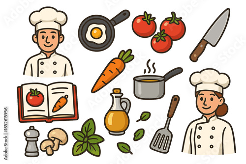 Cute cartoon cooking collection. Chef man and woman, fresh vegetables, kitchen tools, cookbook recipe. Vector icon set for gastronomy, restaurant menu, or food blog.