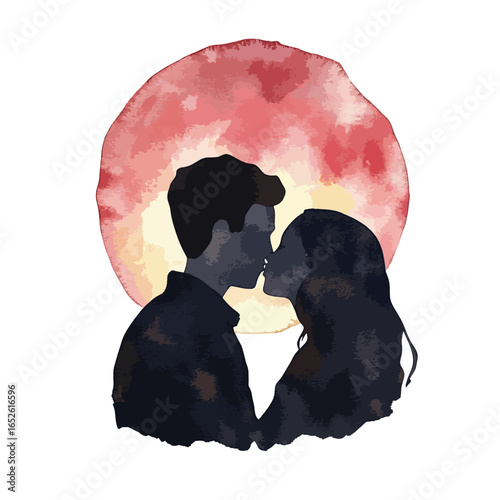 Silhouetted Couple Sharing a Tender Kiss Under a Crimson Sunset