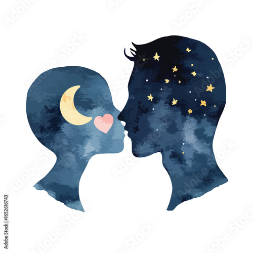 Silhouetted Couple Kissing One with Moon Other with Starry Night Sky