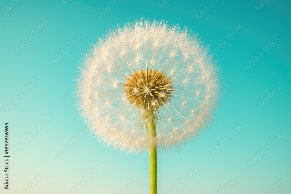 Fototapeta premium Close-up of a dandelion seed cluster with a vivid turquoise background