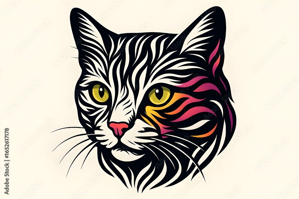 Fototapeta premium Stylized Abstract Cat Portrait with Colorful Zebra Stripes