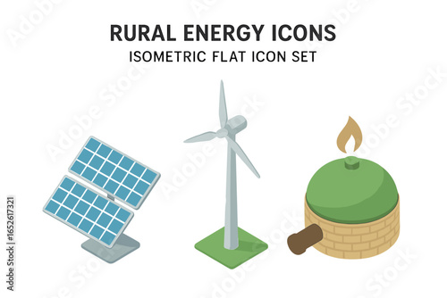 Rural Energy Icons Isometric Flat Vector Set of Renewable Energy Solutions Including Solar Panel Array, Wind Turbine Tower, and Biogas Generator Illustration