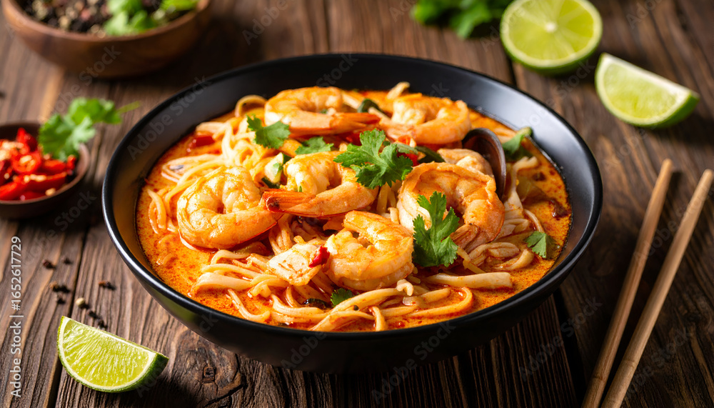 Seafood noodle laksa with vibrant toppings and creamy broth. Seafood noodle laksa with vibrant toppings and creamy broth.