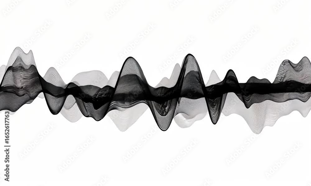 Abstract grayscale illustration featuring a series of flowing, undulating lines resembling waves or mountains against a plain white backdrop. The lines Abstract grayscale illustration featuring a series of flowing, undulating lines resembling waves or mountains against a plain white backdrop. The lines