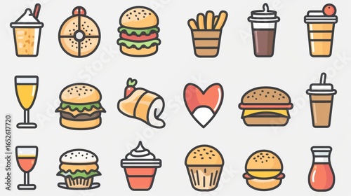 Colorful Collection of Iconic Fast Food and Beverages Illustrations