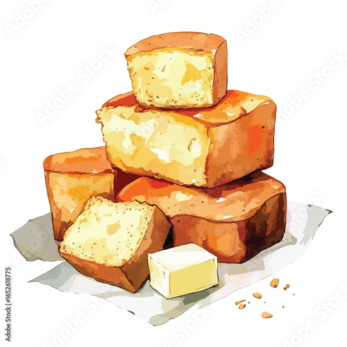 Stacked golden pound cakes with butter on parchment paper crumbs scattered