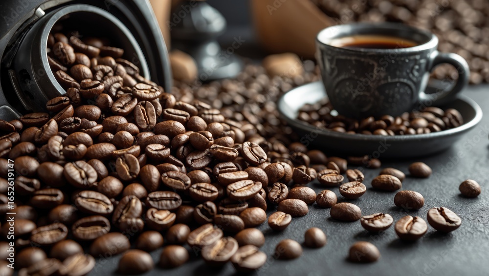 Fototapeta premium Close-up of coffee beans alongside a coffee machine and accessories