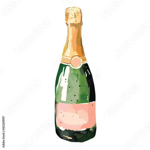 Stylized Champagne Bottle with Gold Foil and Pink Label Illustration