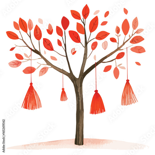 Stylized Tree with Red Leaves and Decorative Tassels Watercolor Illustration
