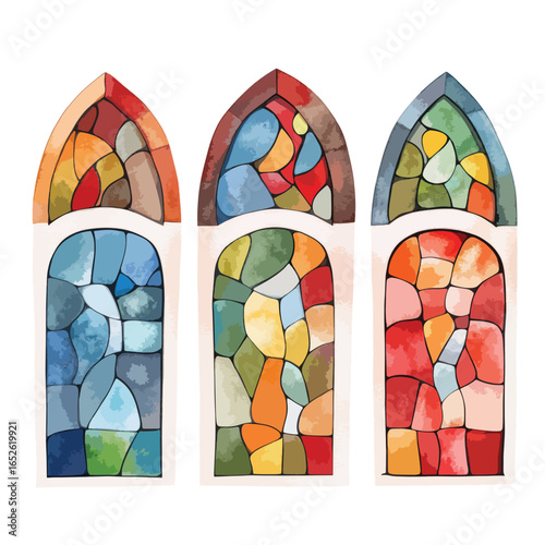 Three Arched Stained Glass Windows with Varied Color Palettes and Unique Textures