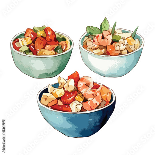 Three bowls of vibrant shrimp salad with tomatoes and basil garnish